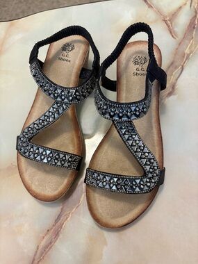 GC Shoes Womens Rhinestone Z Strap Wedge Sandals, Elastic Sling Sandal Sz 7 NEW